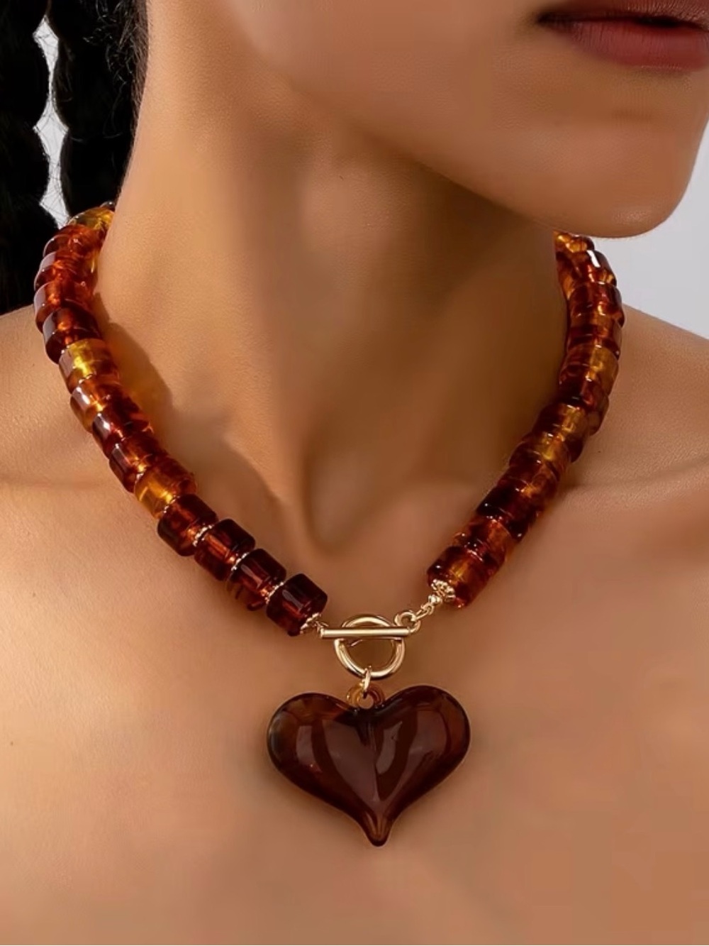 Amber-Tone Heart Pendant Beaded Necklace - Women Jewelry - Picture 2 of 5